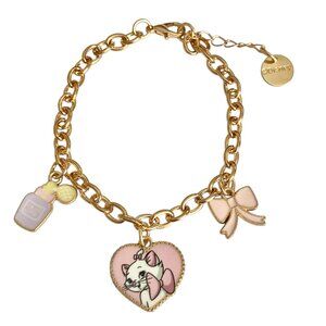 Disney Aristocats Marie Cat Charm Bracelet Heart Bow Signed 7-8" White Gold Tone